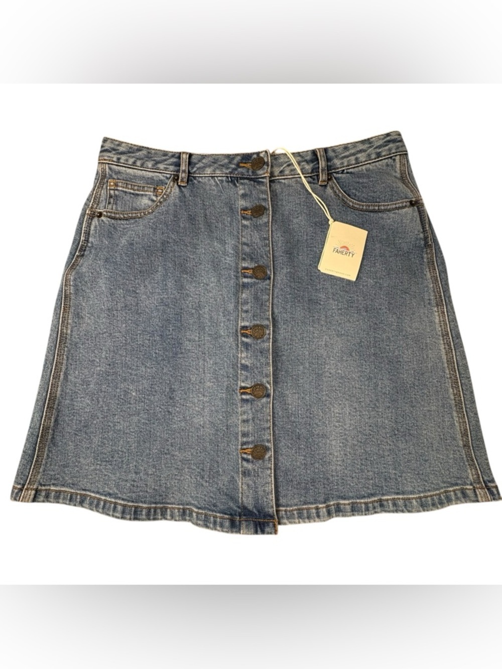NWT Faherty Denim Mini Skirt Natalia Cotton Button Front High Rise A-Line Blue